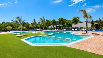 A swimming pool with multiple lanes, surrounded by a well-maintained lawn and palm trees.