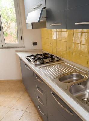 Una cucina con un piano cottura a gas, due lavandini e pensili con maniglie.