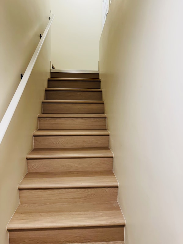 A staircase with wooden steps and white handrails, leading upwards.