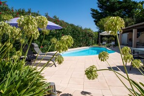 A swimming pool surrounded by lounge chairs and umbrellas, with a garden and trees in the background. - Villa 'Le Tiki' in Flayosc: private pool, enclosed garden, walk to the village, 8 guests (Flayosc)