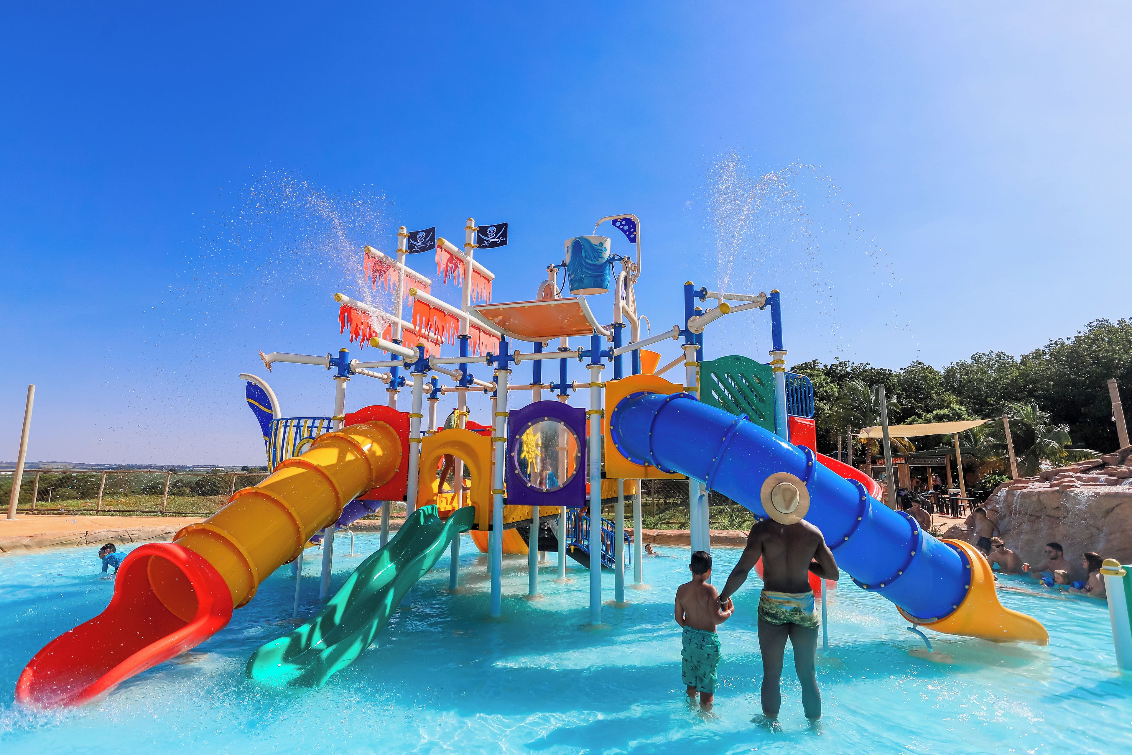 A water park with multiple slides and water features.