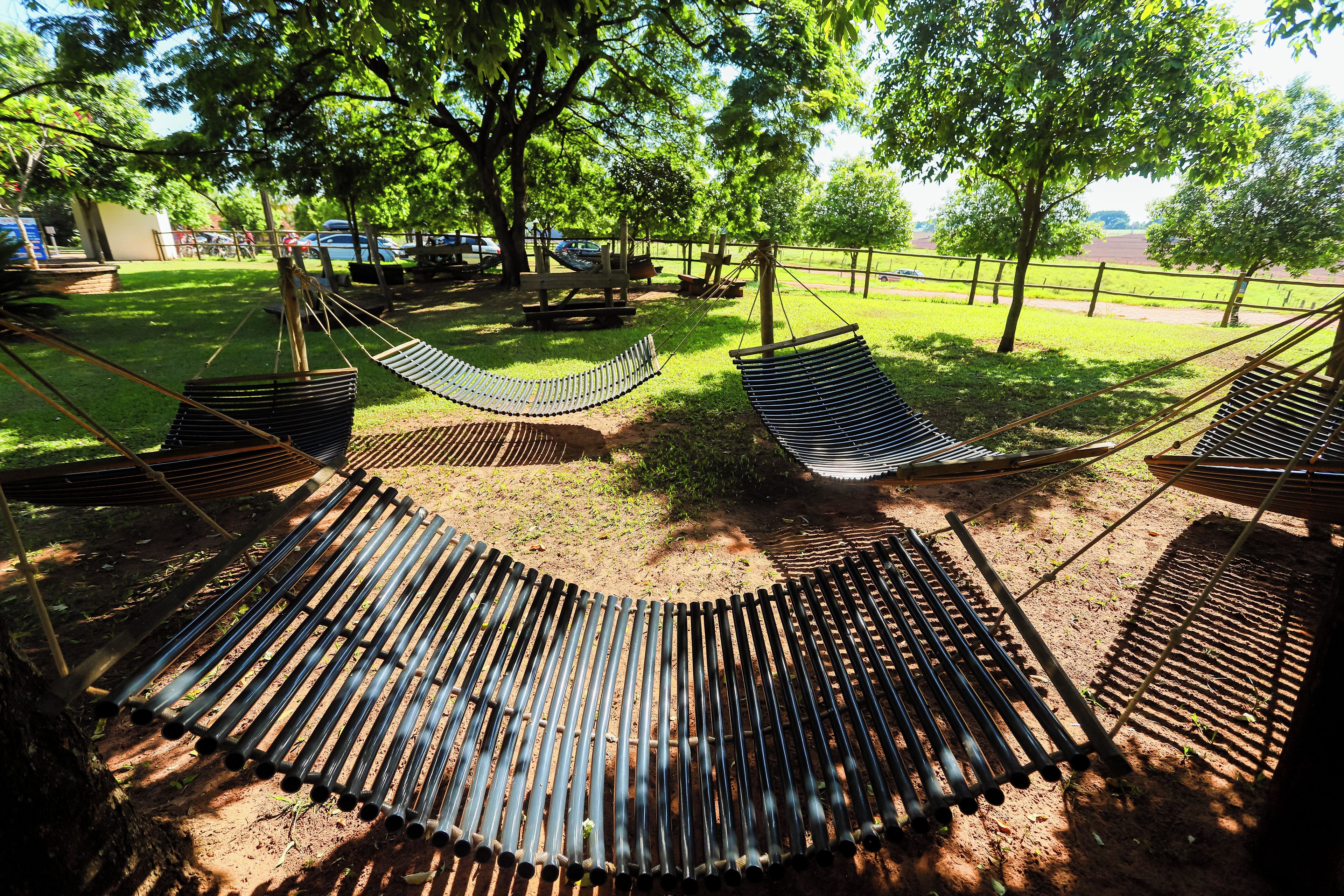 A hammock area with multiple hammocks and picnic tables in a park setting.