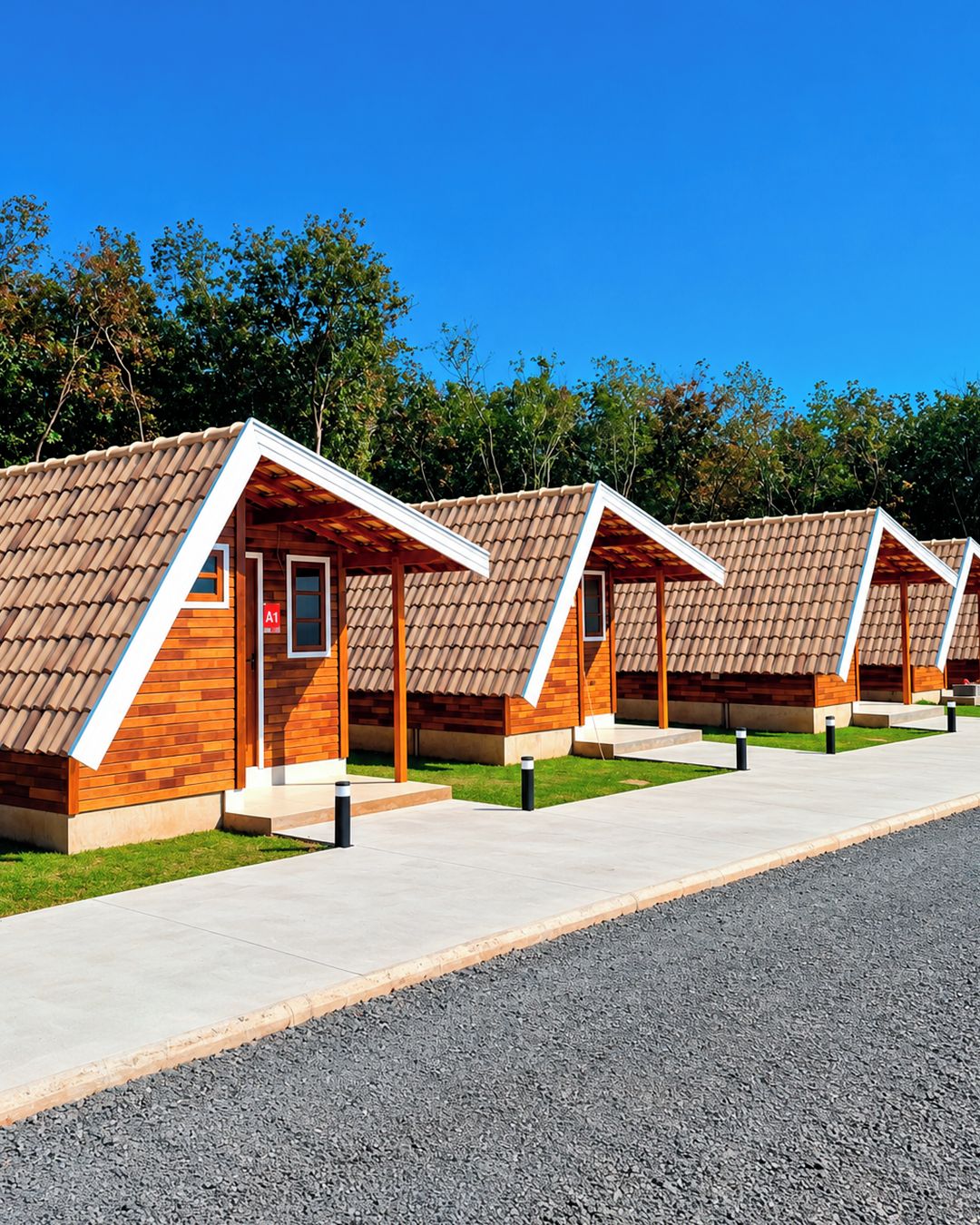 A row of modern, single-story cabins with pitched roofs, wooden exteriors, and a paved walkway in front.