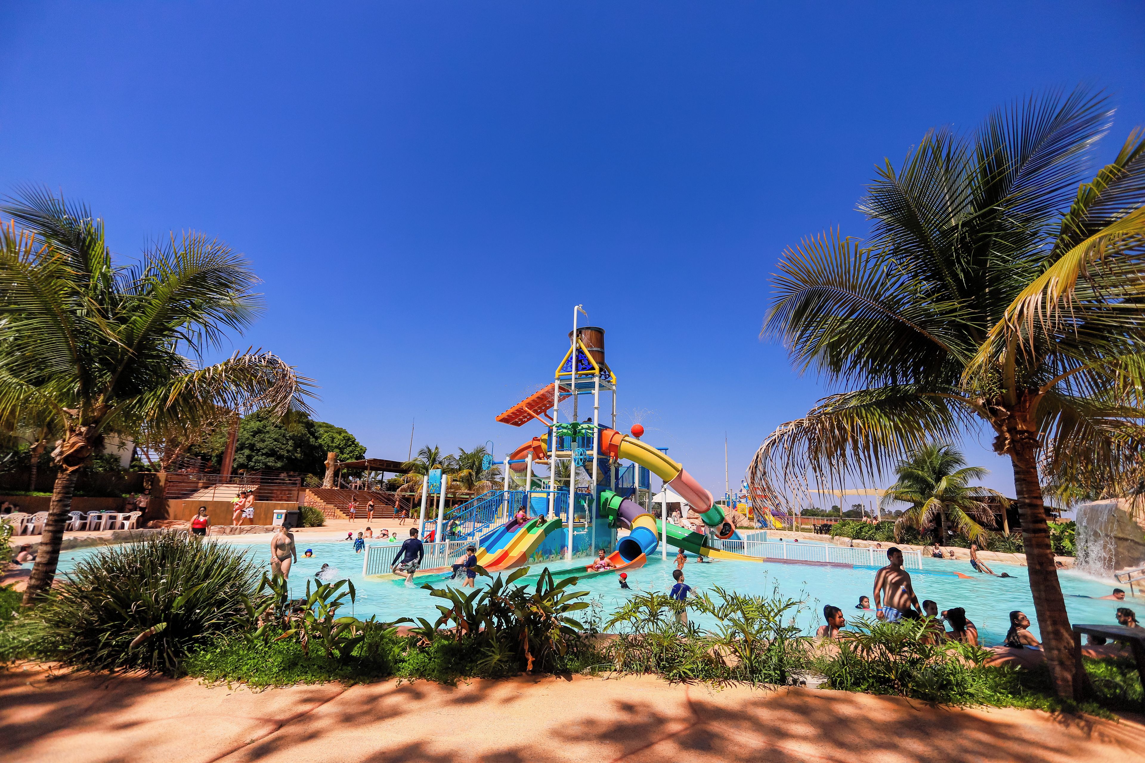 A water park with a central water slide, a pool, and palm trees.