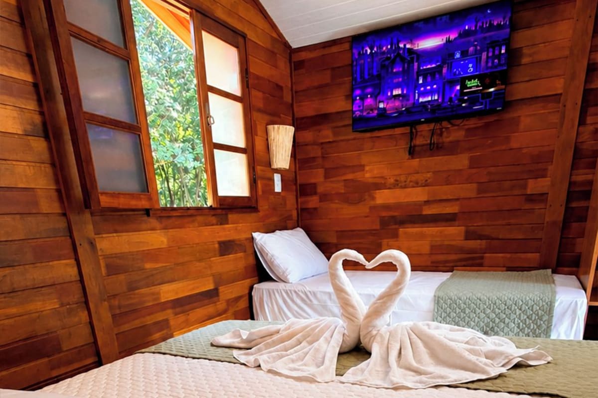 Una habitación con paredes de madera, una cama con dos almohadas, una toalla dispuesta en forma de corazón, una ventana con vistas a la vegetación y un televisor montado en la pared.