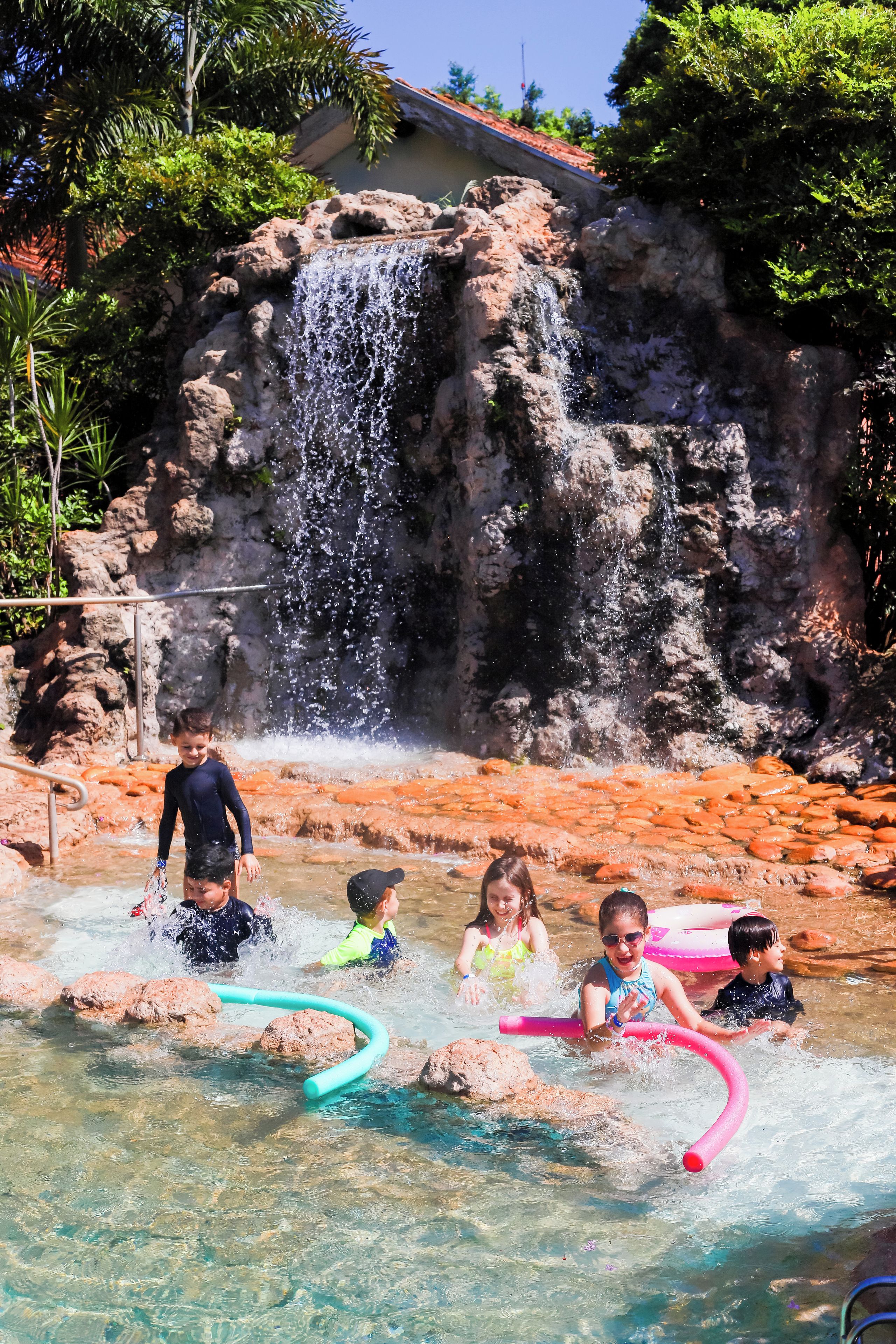 A natural water feature with a waterfall and rocky terrain.