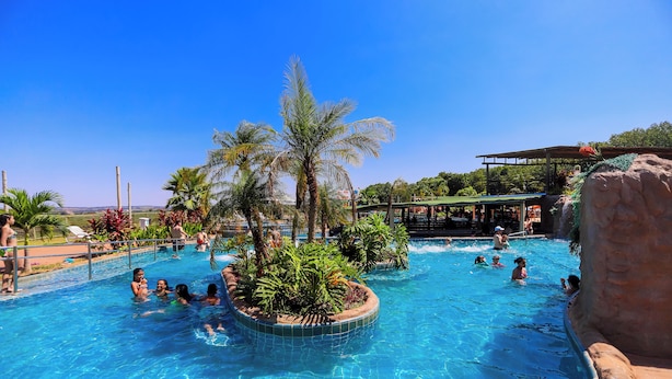 A swimming pool with clear blue water, surrounded by palm trees and other greenery. - Chalés Eco Thermas (Tupã)