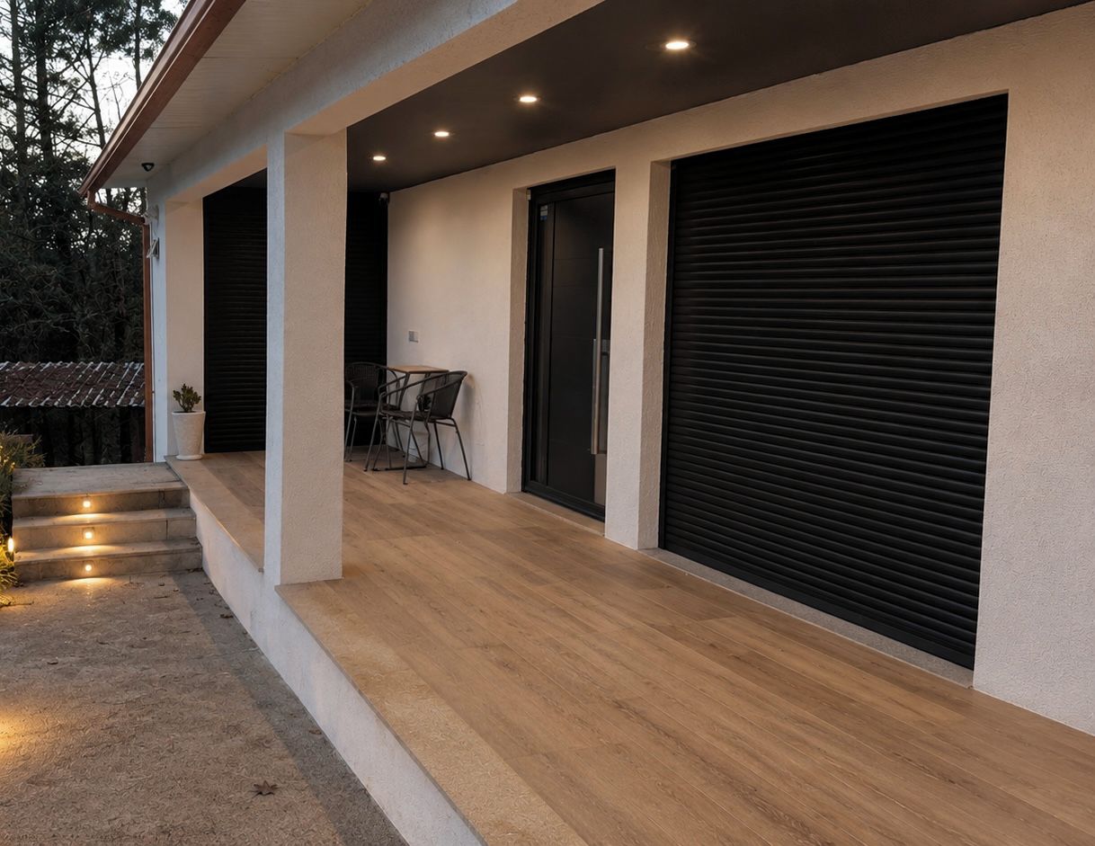 Un edificio moderno con un área exterior cubierta, una mesa y sillas, y una escalera que lleva a la entrada.