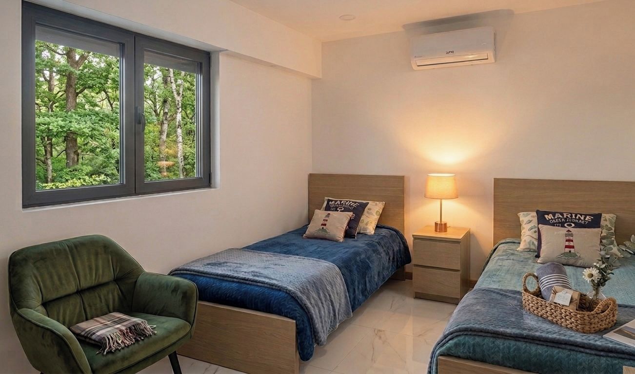 Een slaapkamer met twee bedden, een stoel, een nachtkastje met een lamp en een raam met uitzicht op bomen.