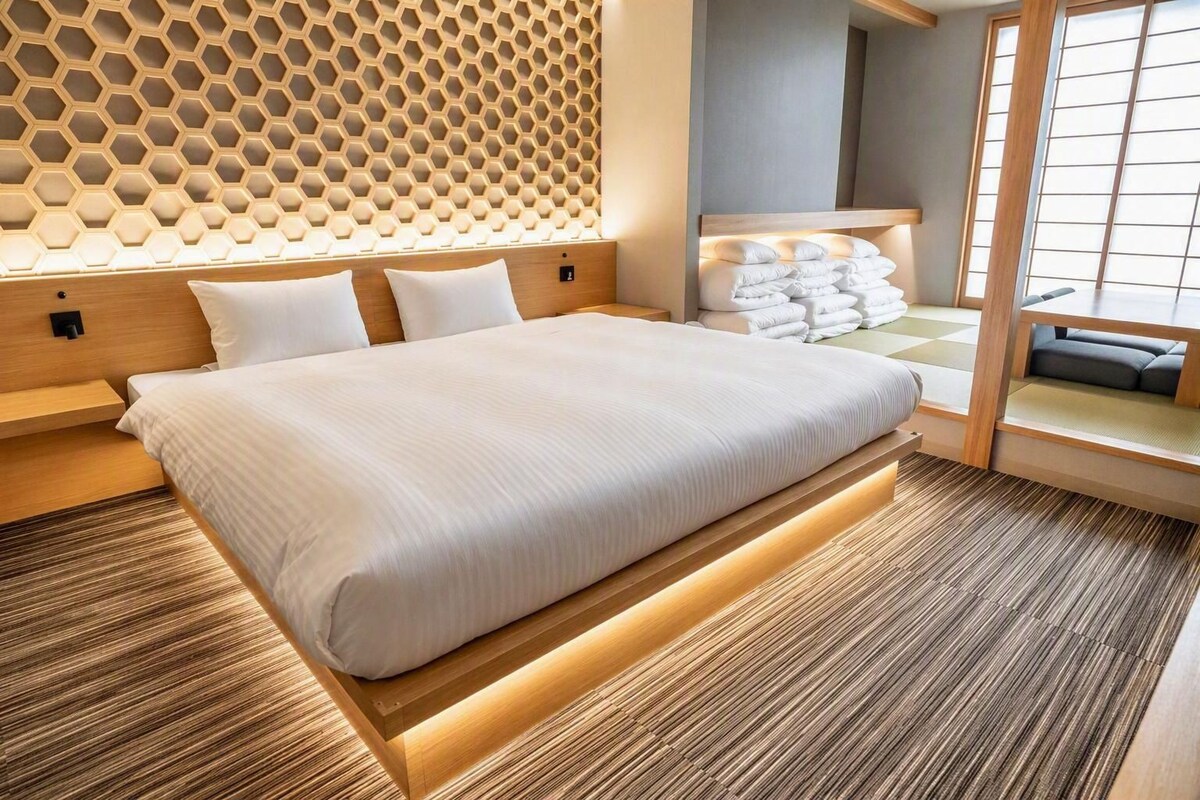 A modern hotel room with a large bed, wooden headboard, and a unique honeycomb-patterned wall.