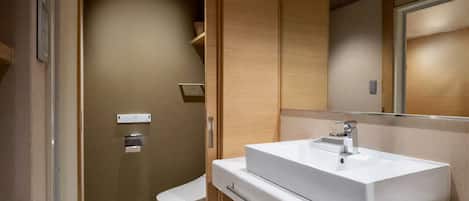 A modern bathroom with a white sink, a toilet, and a shower area.