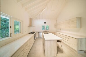 Une cuisine moderne dotée d’un îlot central, d’appareils électroménagers en acier inoxydable et de grandes fenêtres.