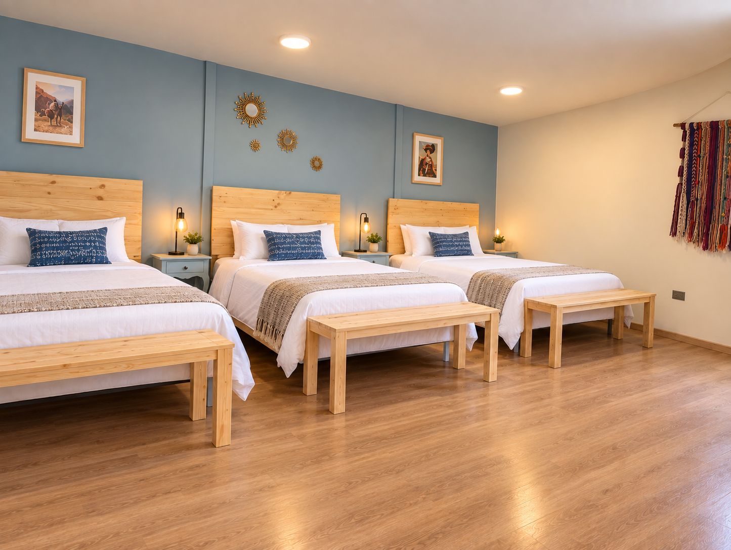 Une chambre d’hôtel avec trois lits simples, des têtes de lit en bois, des tables de chevet avec des lampes et un mur bleu agrémenté d’objets décoratifs.