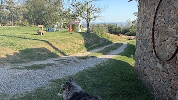 A dog lying on grass near a stone wall with a path leading to a small house.