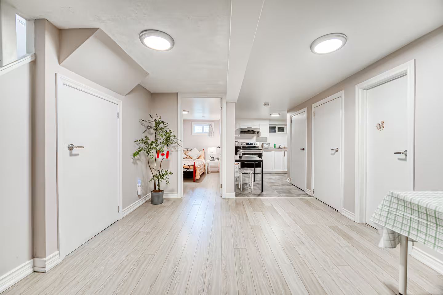 A hallway with a potted plant, a bed, a kitchen area, and a dining table.