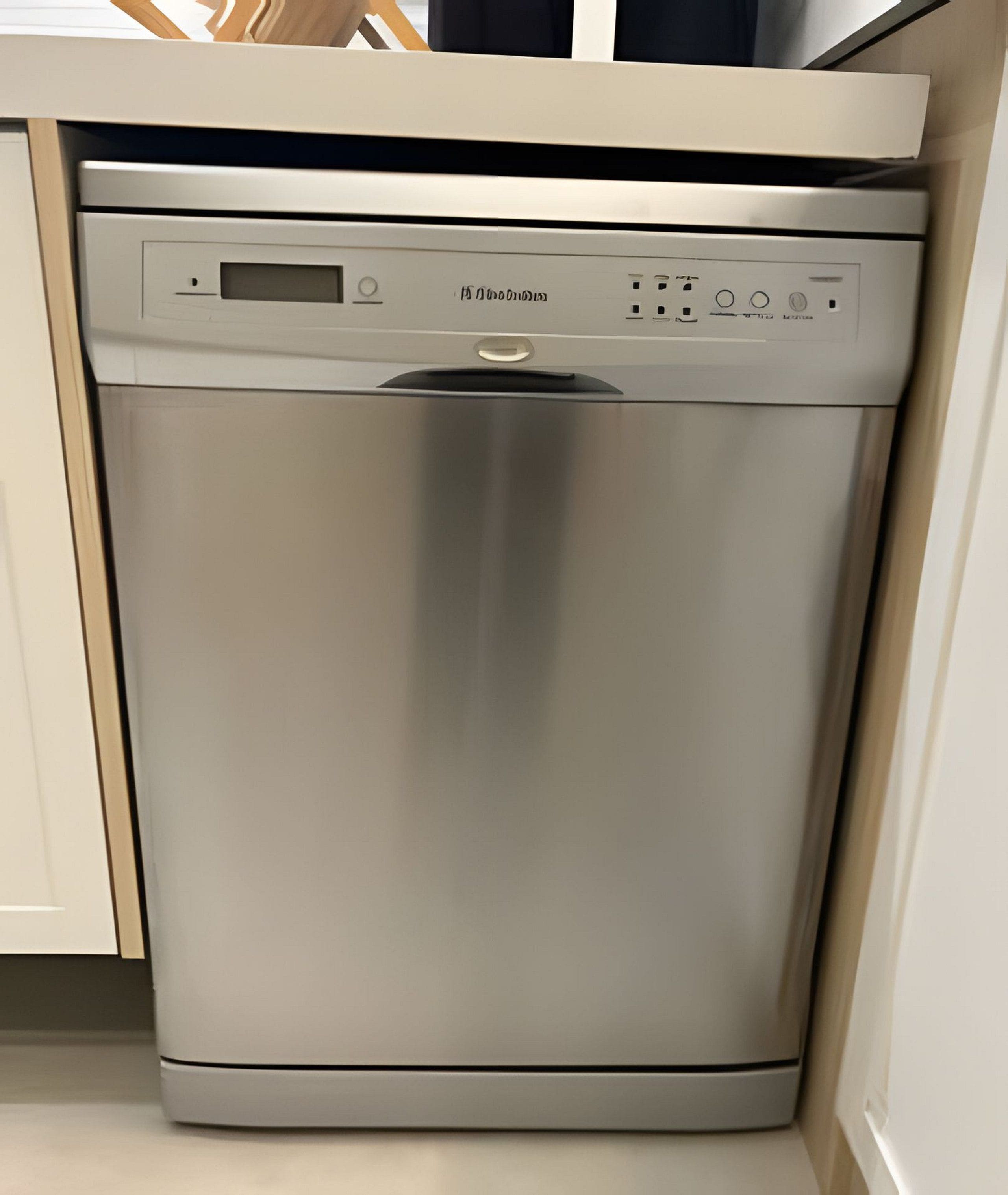 Un lavavajillas de acero inoxidable en una cocina con encimera color beige y armarios blancos.