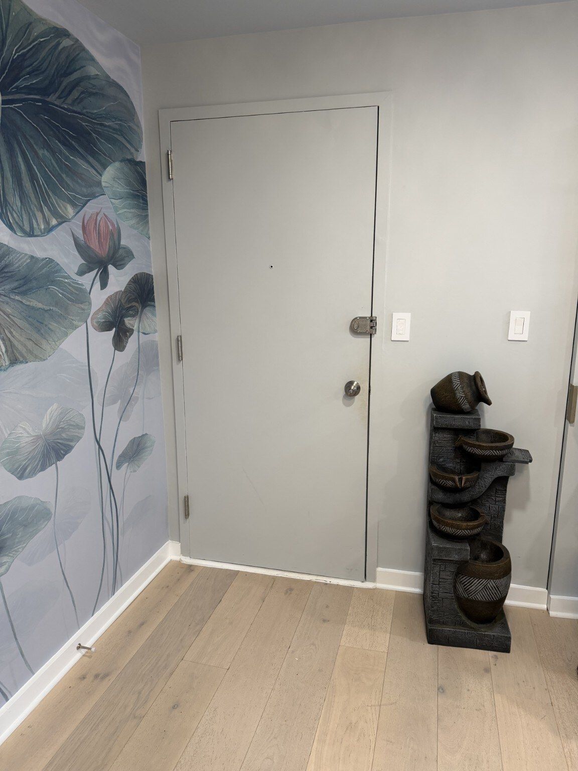 A room with a closed door, a wall with a floral mural, and a decorative wall piece with bowls.