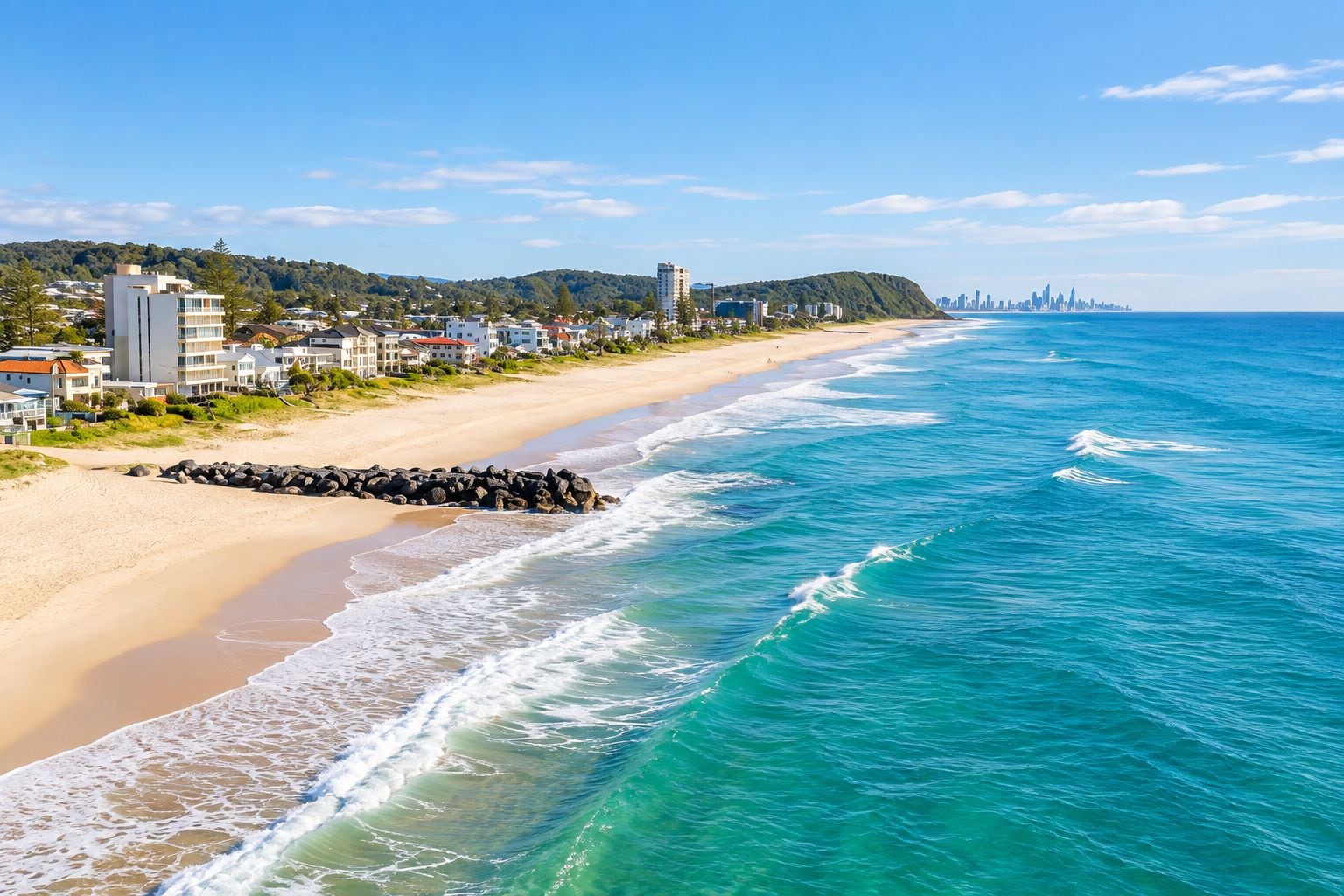 A coastal beach with a rocky breakwater, a sandy shore, and a city skyline in the distance.
