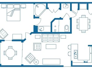 A hotel room layout with a bed, bathroom, dining area, and a small kitchen. - Large 1-bdrm condo at Harborside w/ daily full Atlantis access during Junkanoo. (Nassau)