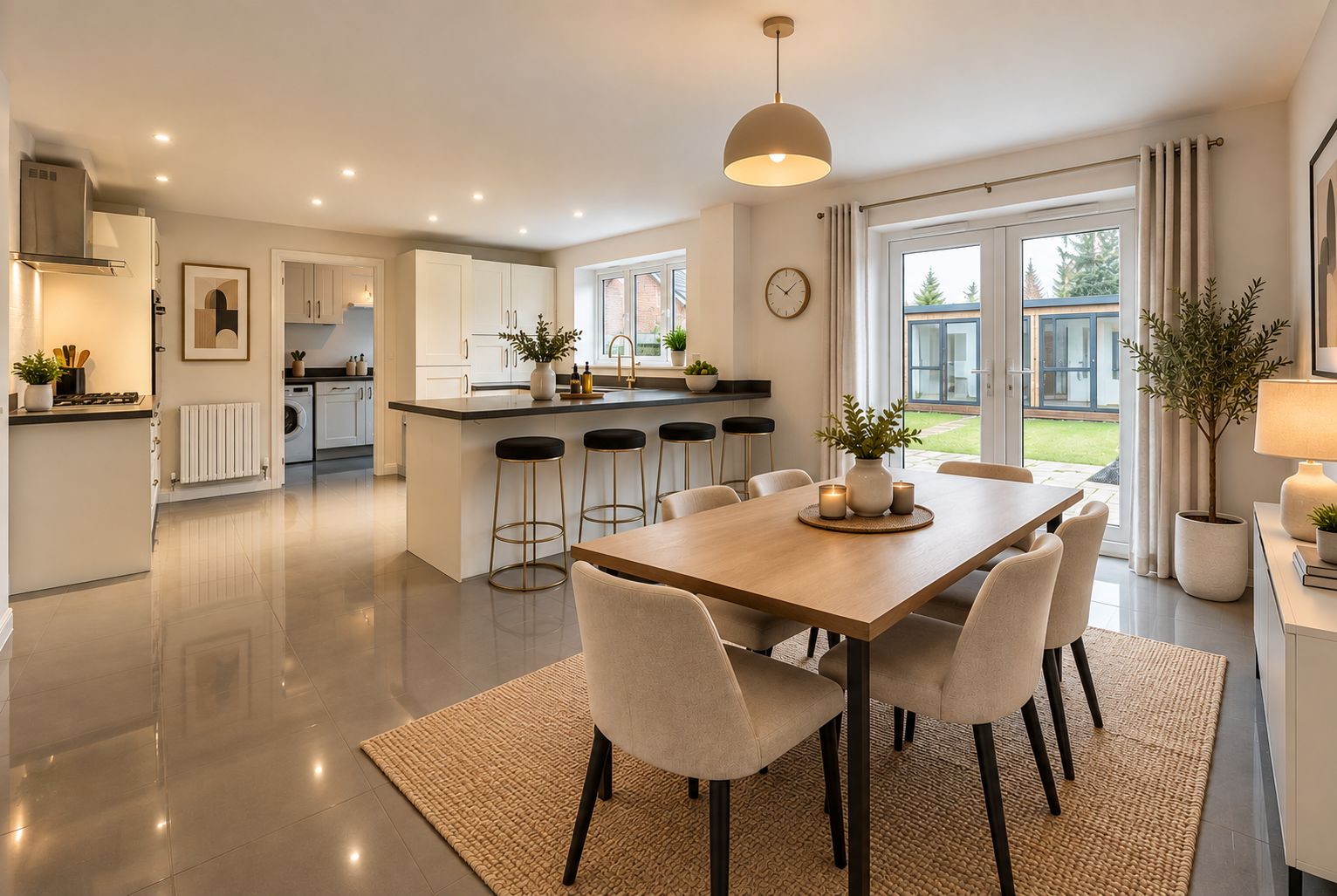 Een moderne keuken met een centraal eiland, barstoelen en een eettafel met stoelen.