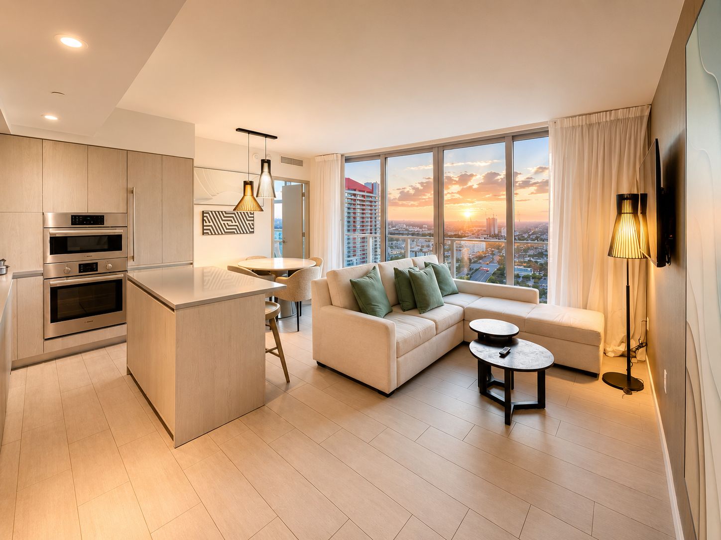 A modern apartment with a kitchen, dining area, and living space with a city view.