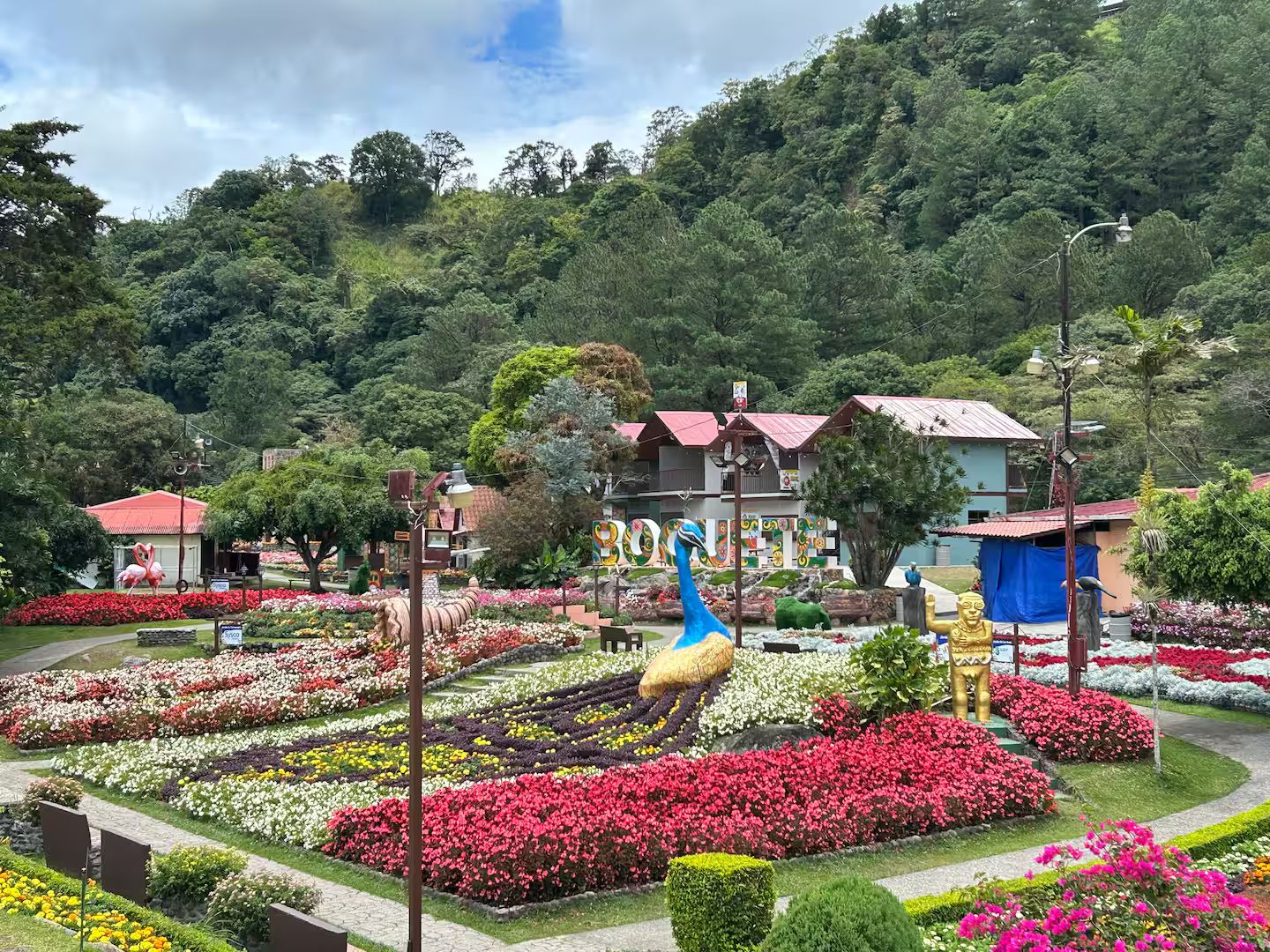 A garden with colorful flower beds, a peacock statue, and a building with a red roof.