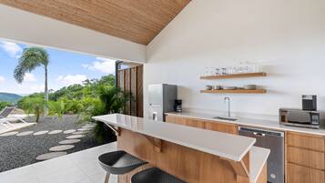 A modern kitchen with a bar area, a coffee machine, and a dishwasher.
