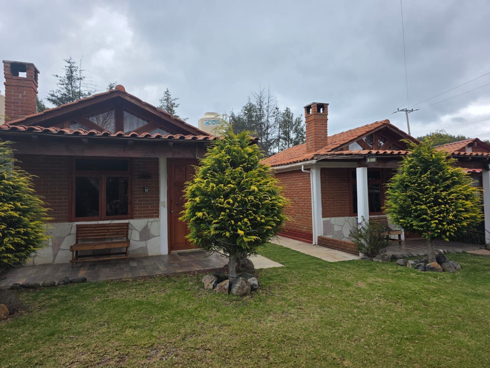 A residential property with a brick exterior, a tiled roof, and a well-maintained lawn with two evergreen trees.