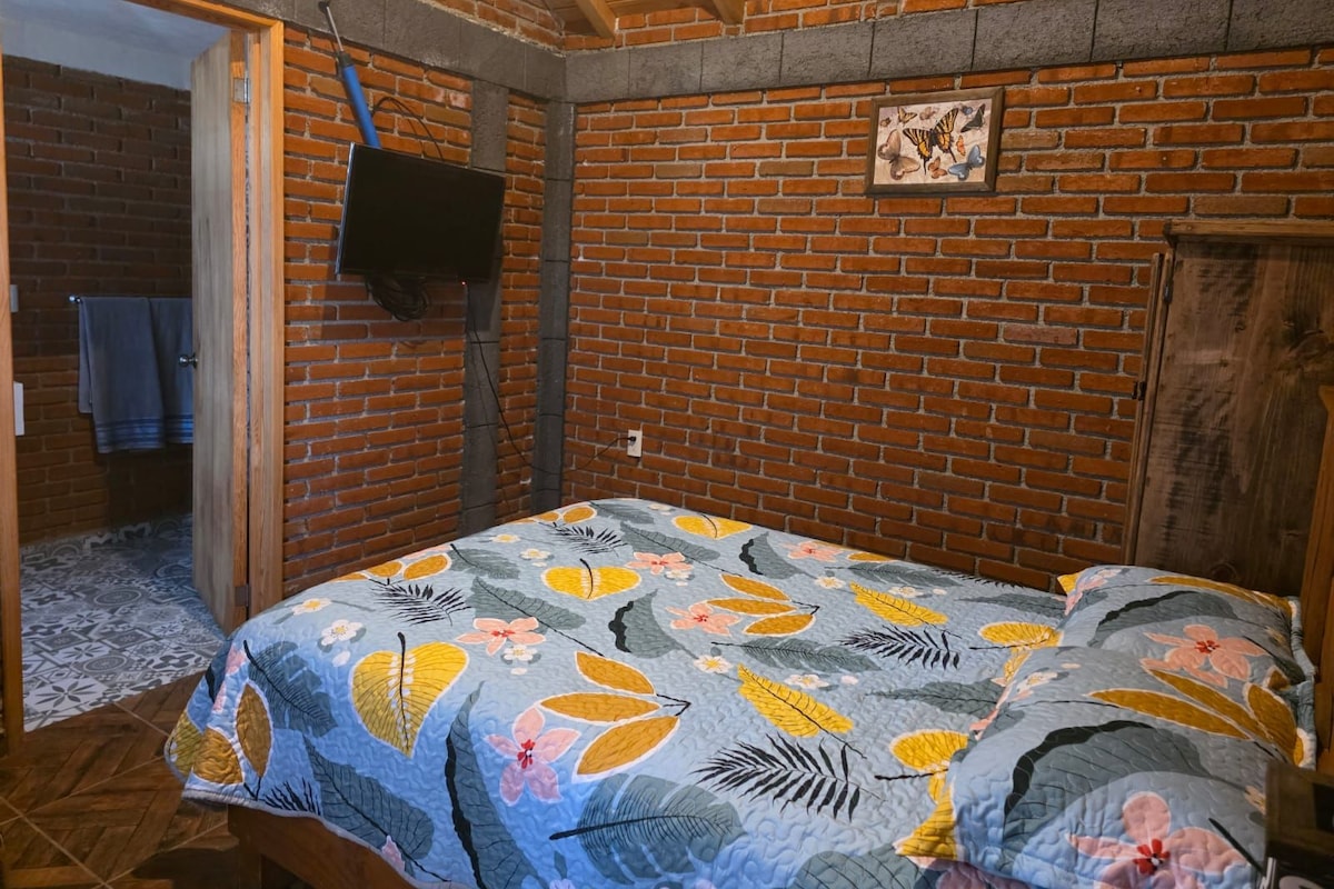 Una habitación con pared de ladrillo, cama con colcha estampada, televisor montado en la pared y puerta de madera.