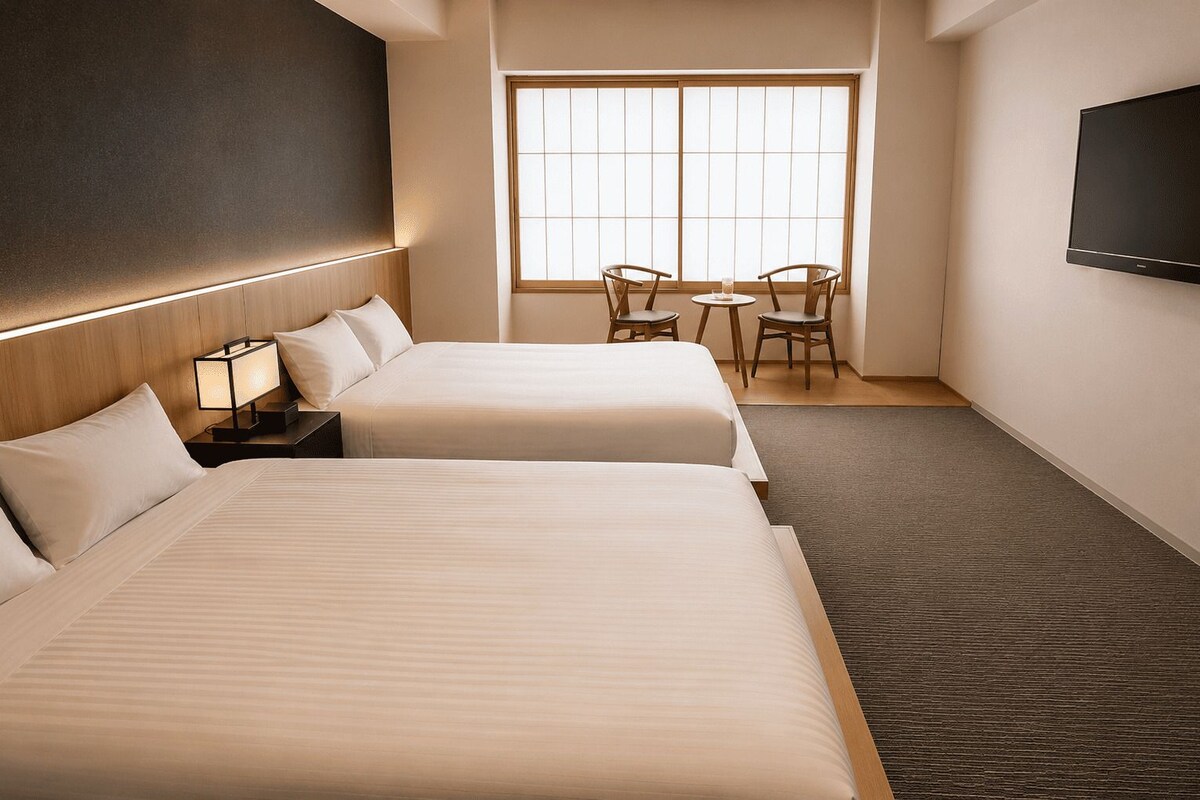 A hotel room with two beds, a desk, a chair, a TV, and a large window.