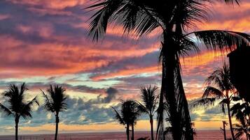 A sunset with palm trees silhouetted against a colorful sky.