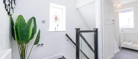 A hallway with a potted plant, a framed artwork, a door with a glass panel, and a staircase leading to another room.