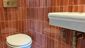 A bathroom with a toilet, a sink, and a wall-mounted faucet.