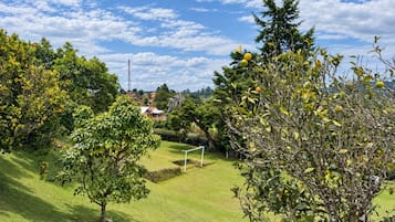 A well-maintained grassy area with trees and a distant view of houses.