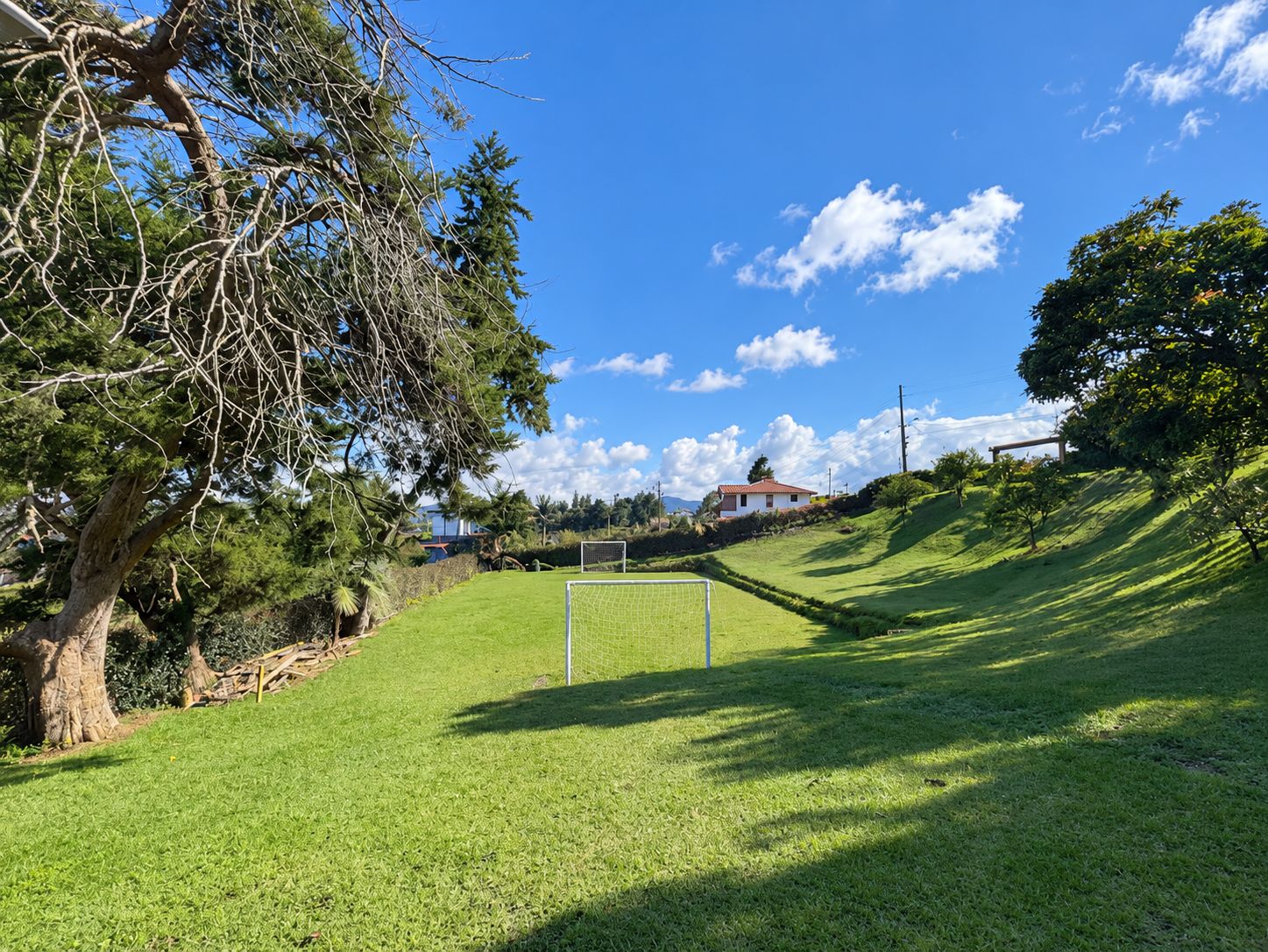 A grassy field with a goalpost, trees, and a house in the background.