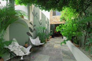 A courtyard with a seating area, potted plants, and a view into a building. - 5-bedroom bed & breakfast in welcoming Mérida with AC (Mérida)