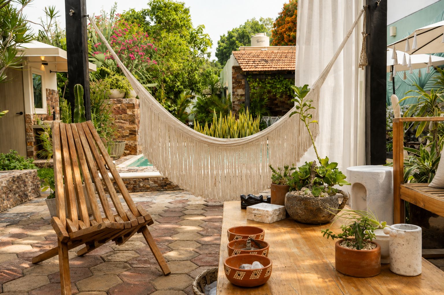 Un fauteuil suspendu, une piscine et diverses plantes en pot, le tout dans un cadre de jardin.