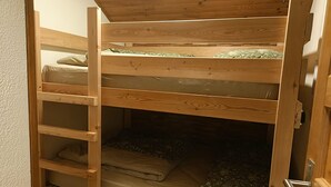 Uma cama beliche com escada, paredes de madeira e uma porta.