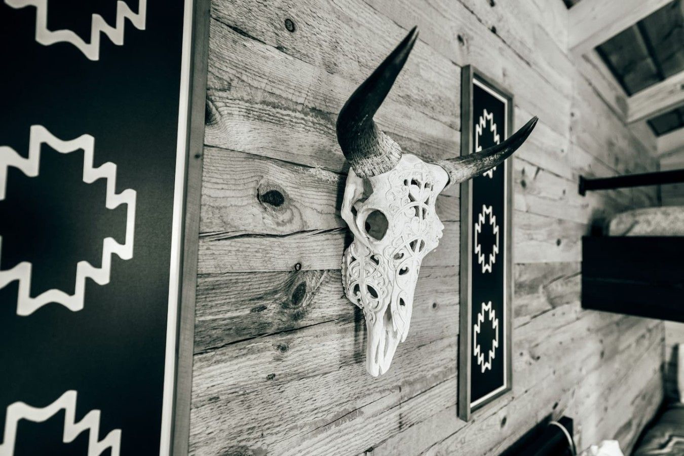 Pared de madera con un cráneo de animal montado y paneles decorativos.