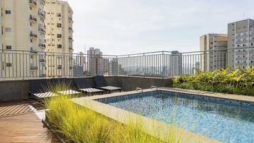 A rooftop pool with a view of surrounding high-rise buildings.