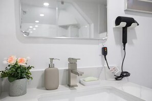 Un baño con lavamanos blanco, un espejo, dispensador de jabón, secador de pelo y una planta en maceta.