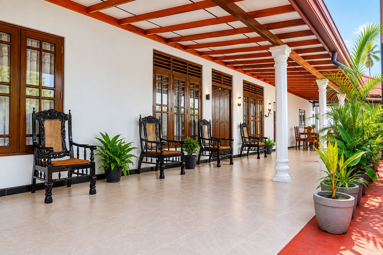 Área de estar coberta ao ar livre, com cadeiras de madeira e plantas em vasos.