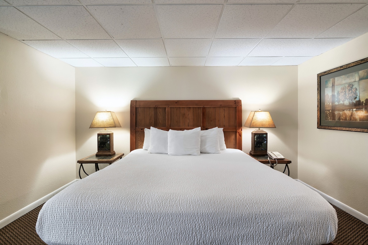 Una habitación de hotel con una cama grande, dos mesitas de noche con lámparas, un cabecero de madera y un cuadro en la pared.