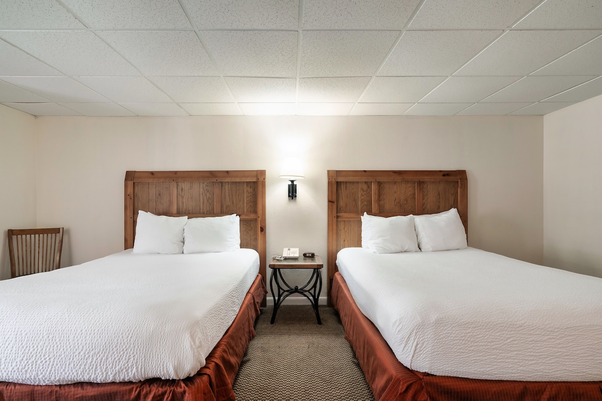 Habitación de hotel con dos camas, una mesita con lámpara y una silla.