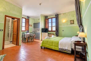 Una habitación con cama, escritorio, silla, televisión y ducha.