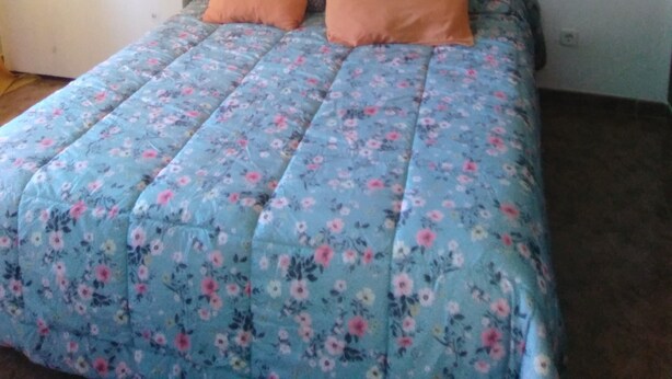 Ein Schlafzimmer mit einem Bett, einem Deckenventilator, einem Wandbild und einem Nachttisch mit Lampe.