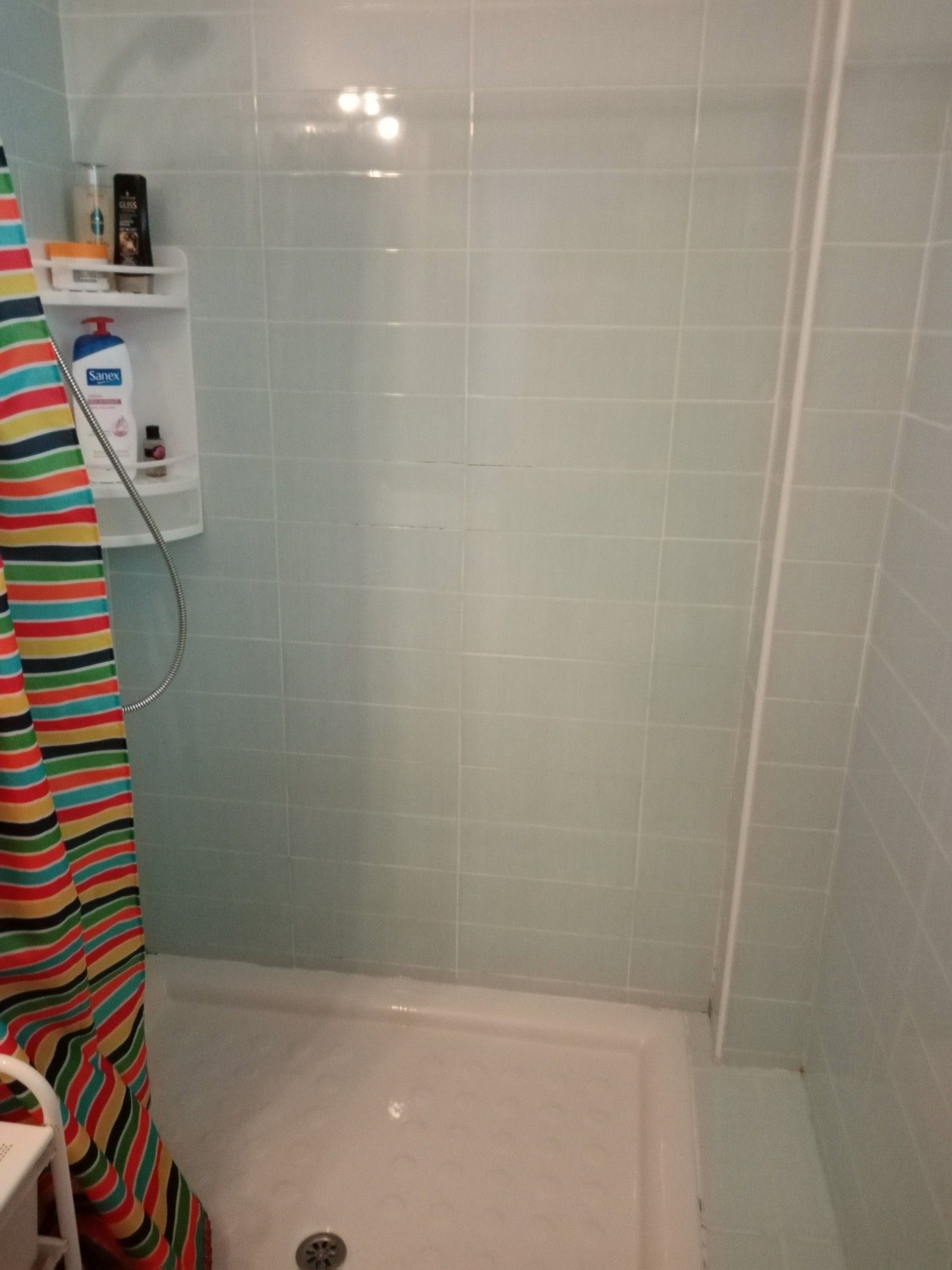 Zona de ducha con pared de azulejos, cabezal de ducha y un estante con artículos de aseo.