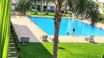 A swimming pool with a palm tree, a grassy area, and a building in the background.