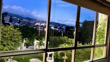 A room with a large window overlooking a residential area with houses and greenery.