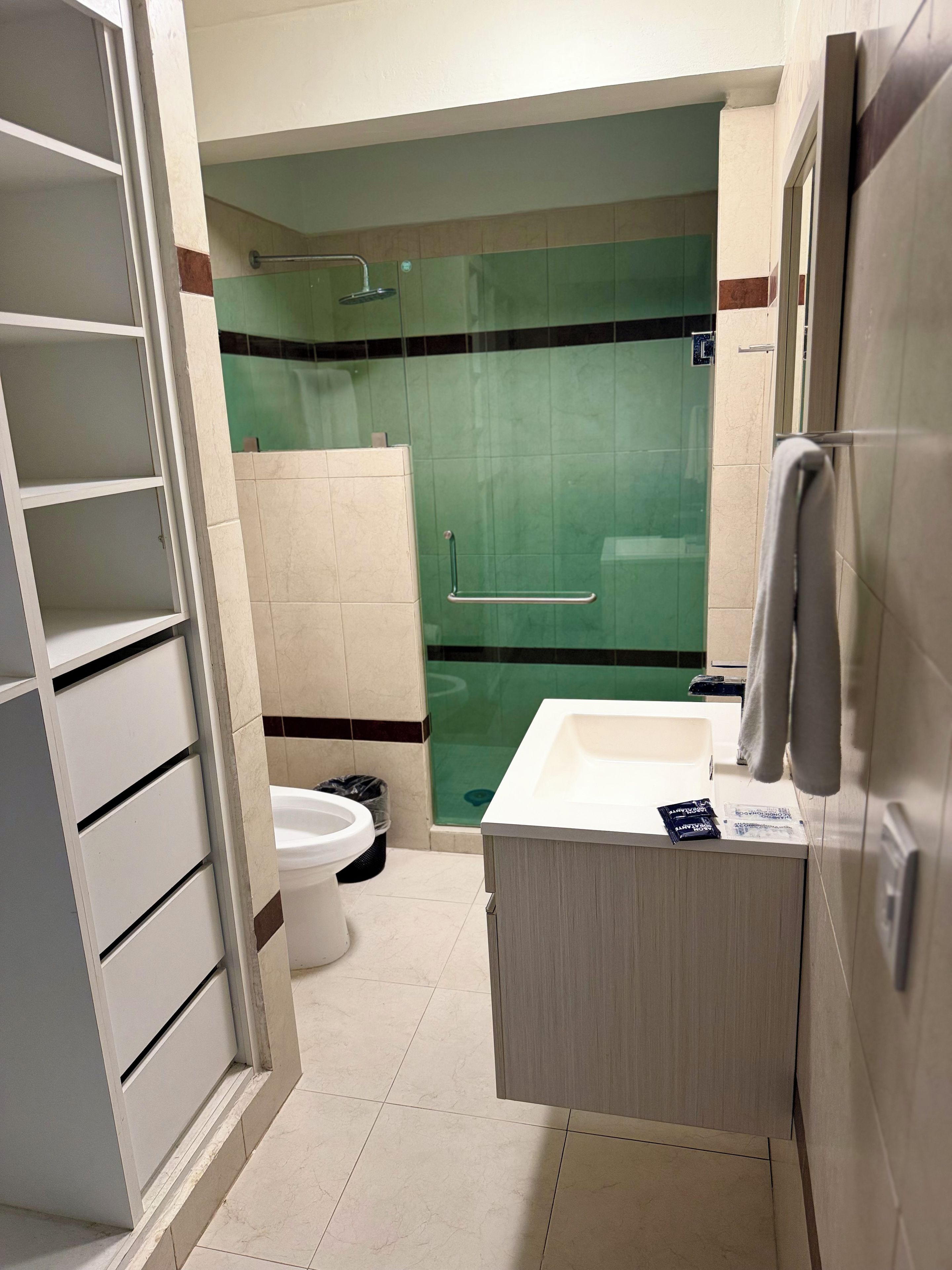 A bathroom with a toilet, a shower, and a sink.